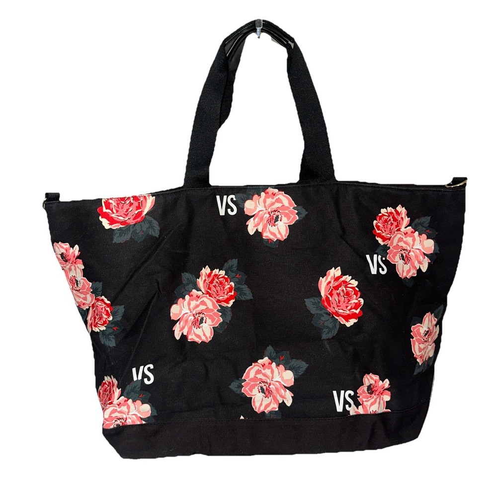 2018 Victoria's Secret Black Floral Tote Weekender Tote Bag With Crossbody Strap